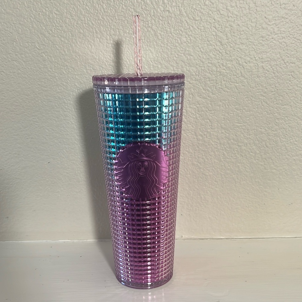 Starbucks 2021 Pink & Blue Grid Tumbler 24oz #011122917 Iridescent NWT